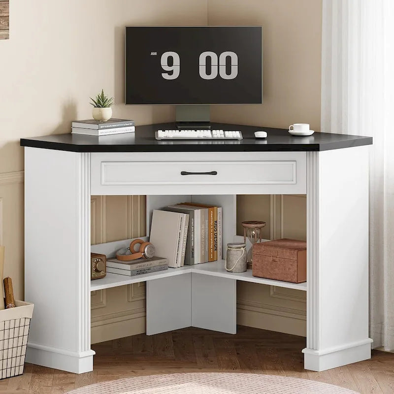 Small Corner Desk Triangle Computer Desk Drawer Storage Shelves