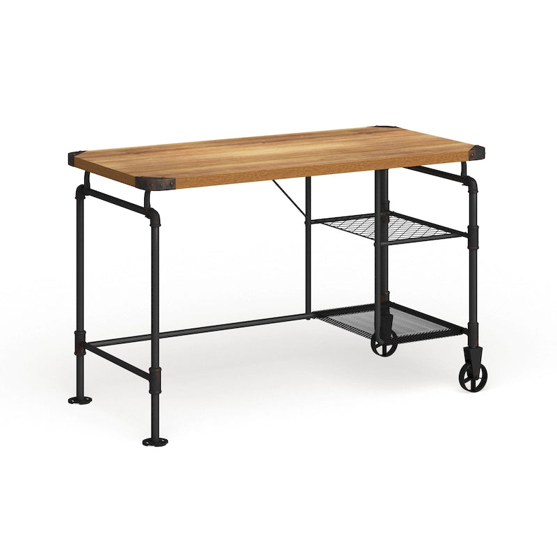 Industrial Black 47-Inch Metal Computer Desk with Side Shelves & Wood-Look Top