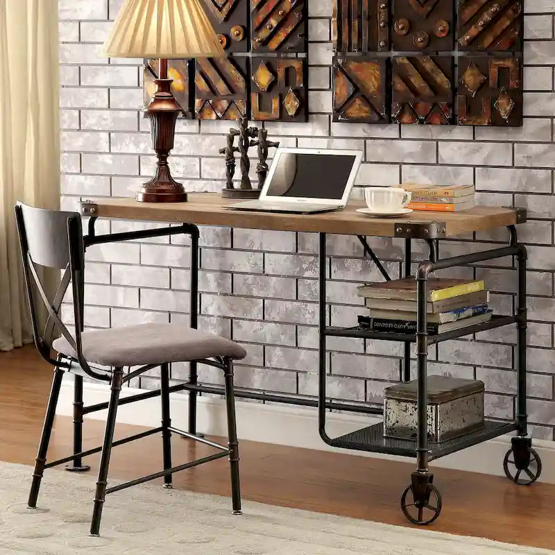 Industrial Black 47-Inch Metal Computer Desk with Side Shelves & Wood-Look Top