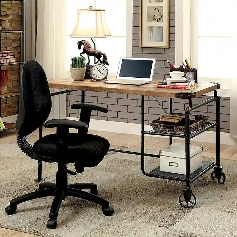 Industrial Black 47-Inch Metal Computer Desk with Side Shelves & Wood-Look Top