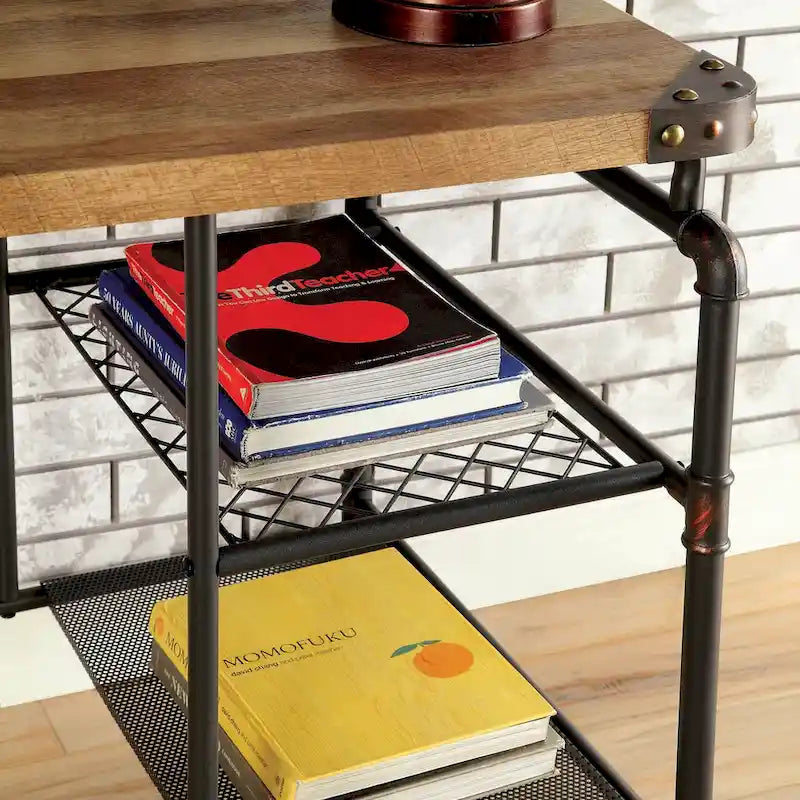 Industrial Black 47-Inch Metal Computer Desk with Side Shelves & Wood-Look Top