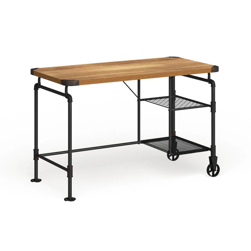 Industrial Black 47-Inch Metal Computer Desk with Side Shelves & Wood-Look Top