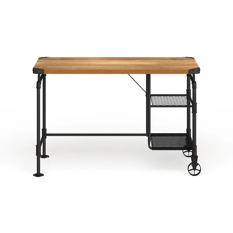 Industrial Black 47-Inch Metal Computer Desk with Side Shelves & Wood-Look Top