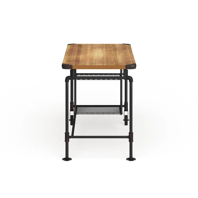 Industrial Black 47-Inch Metal Computer Desk with Side Shelves & Wood-Look Top
