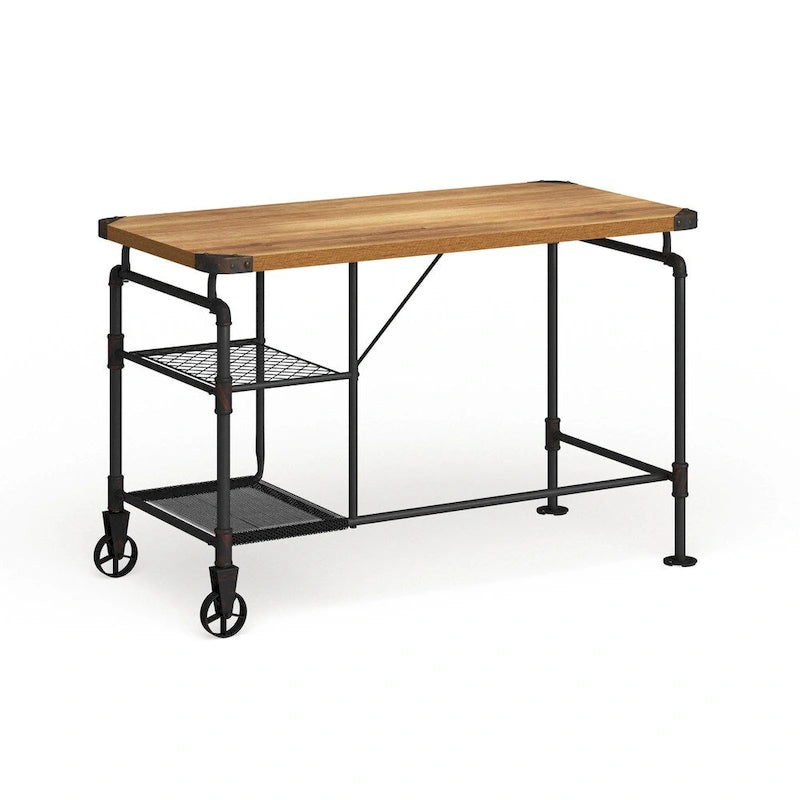Industrial Black 47-Inch Metal Computer Desk with Side Shelves & Wood-Look Top