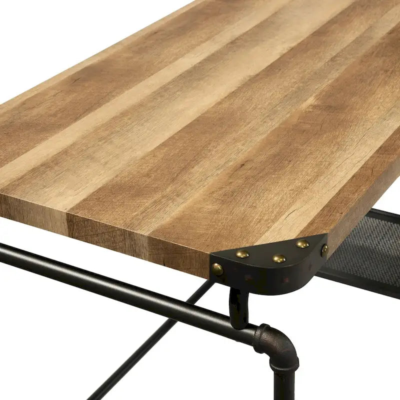 Industrial Black 47-Inch Metal Computer Desk with Side Shelves & Wood-Look Top