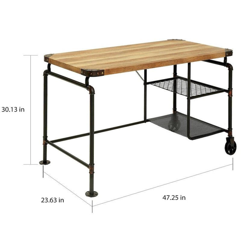 Industrial Black 47-Inch Metal Computer Desk with Side Shelves & Wood-Look Top