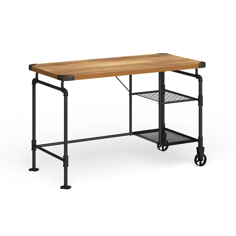 Industrial Black 47-Inch Metal Computer Desk with Side Shelves & Wood-Look Top