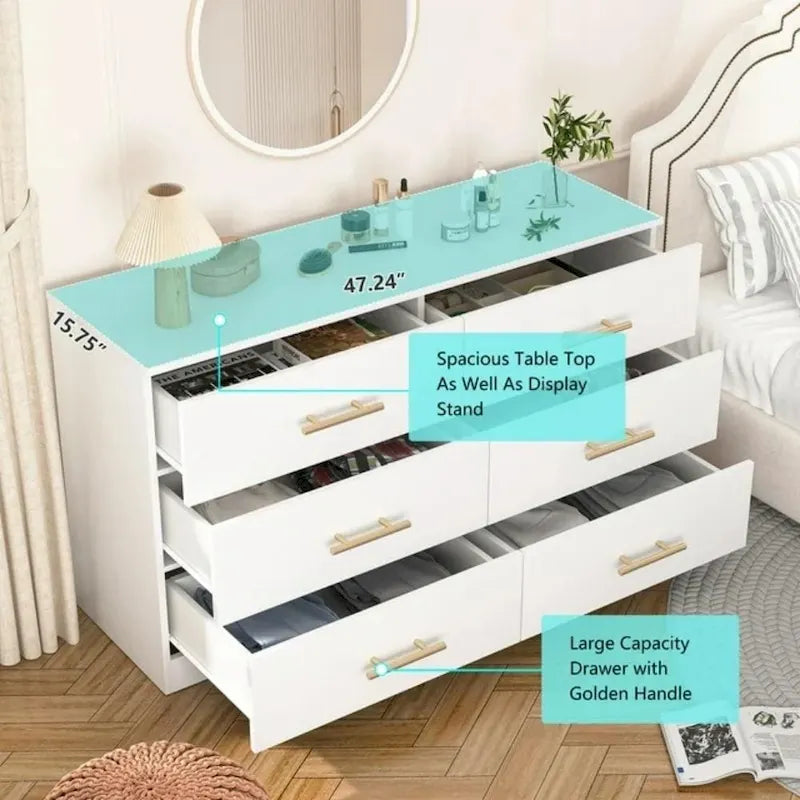 6 Drawer Dresser for Bedroom,Chest of Dressers,Modern Wooden Dresser Chest with Golden Handles