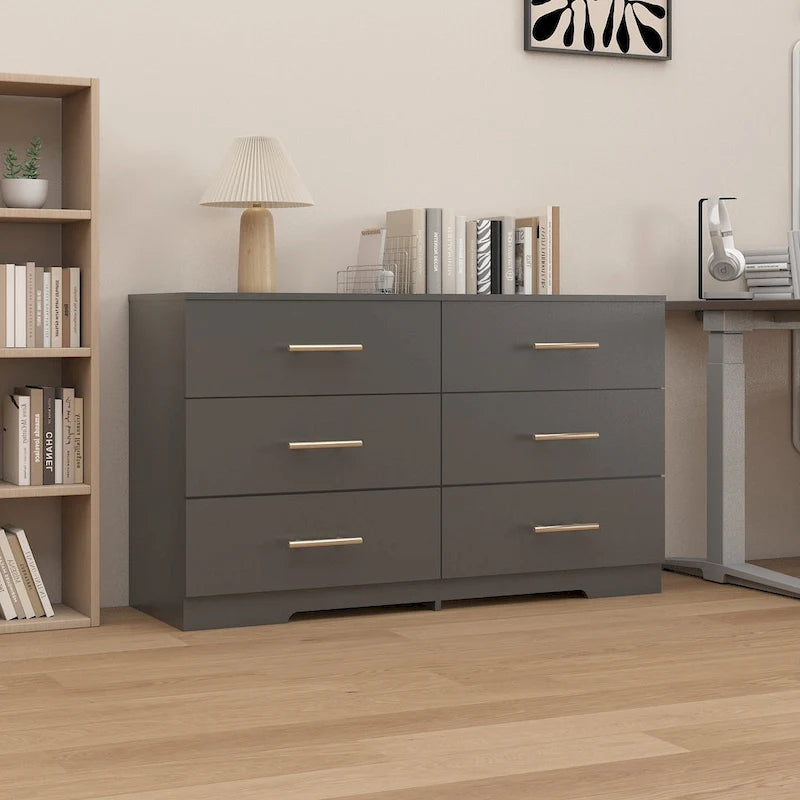 6 Drawer Dresser for Bedroom,Chest of Dressers,Modern Wooden Dresser Chest with Golden Handles