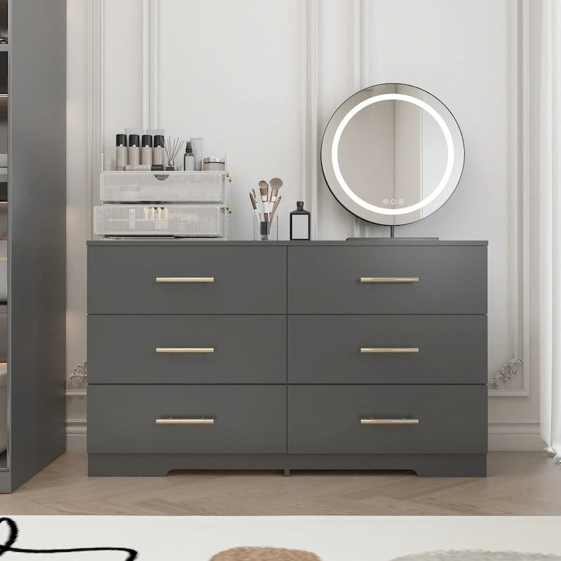 6 Drawer Dresser for Bedroom,Chest of Dressers,Modern Wooden Dresser Chest with Golden Handles