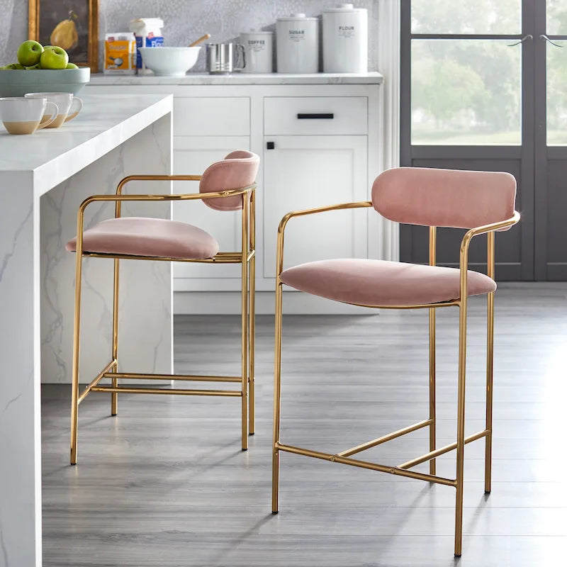 Retro Velvet Upholstered Stools with Gold Metal Frame & Footrest – 2-Pack