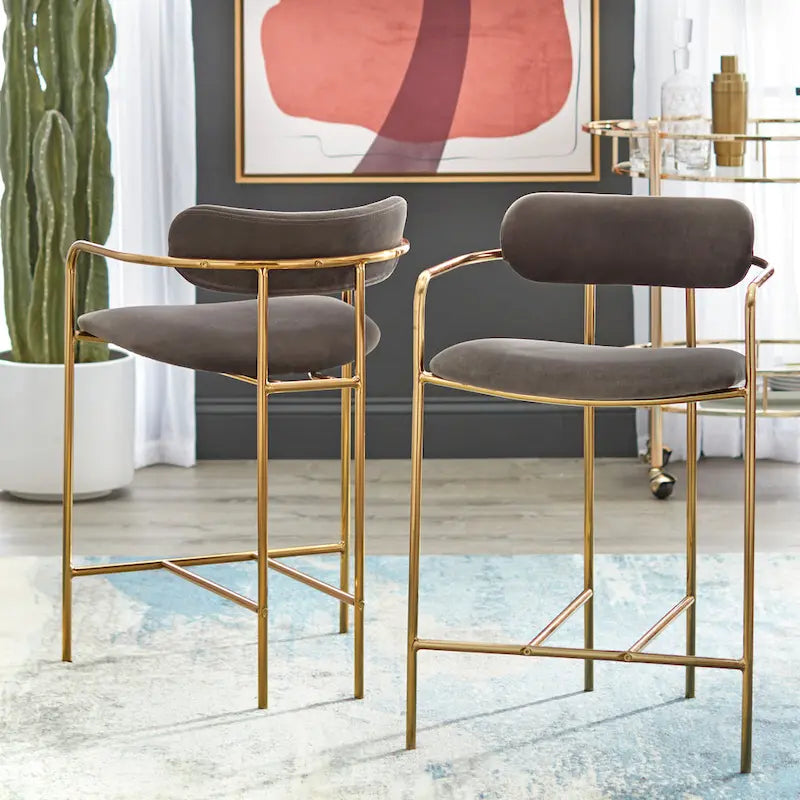 Retro Velvet Upholstered Stools with Gold Metal Frame & Footrest – 2-Pack