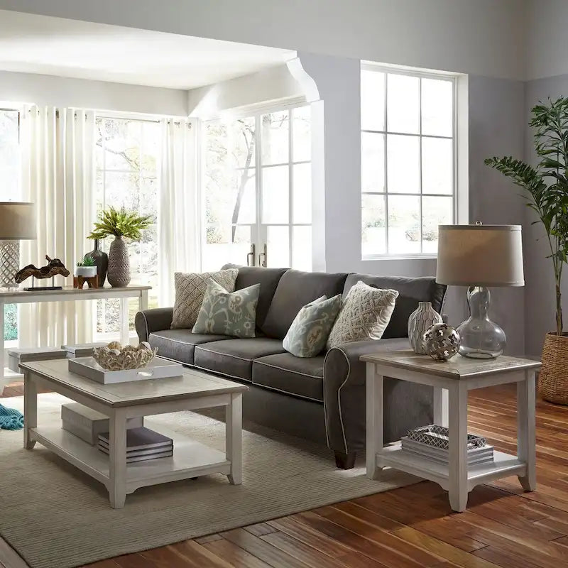 Summerville Square Accent End Table with Bottom Shelf – White Wash Finish