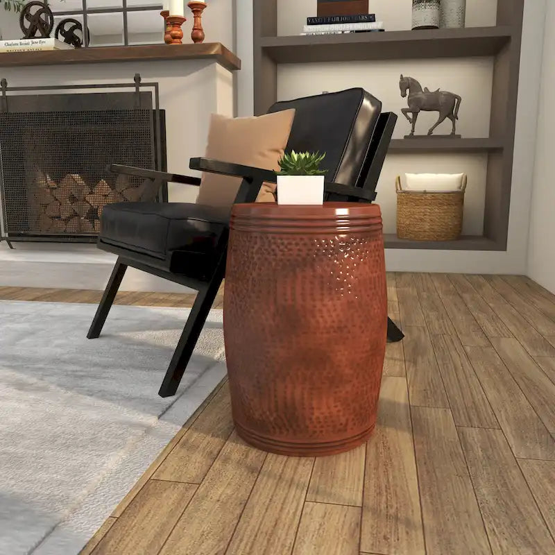 Handmade Hammered Metal Drum Accent Table – Brown, Silver, Copper or Gold