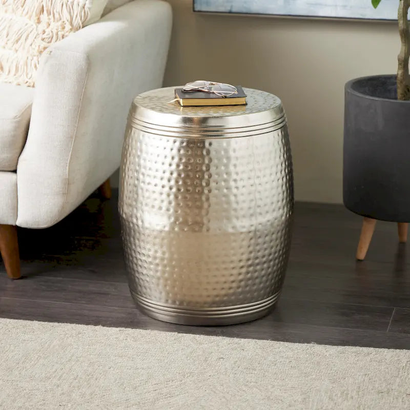 Handmade Hammered Metal Drum Accent Table – Brown, Silver, Copper or Gold
