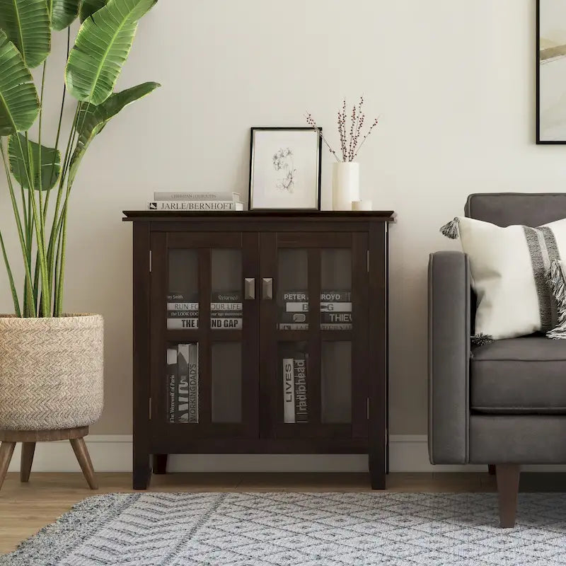 Stratford Solid Wood Low Storage Cabinet with Tempered Glass Doors – 30W
