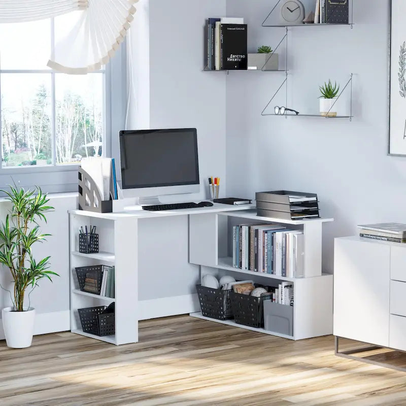 360° Rotating L-Shaped Corner Desk with Storage Shelves – White