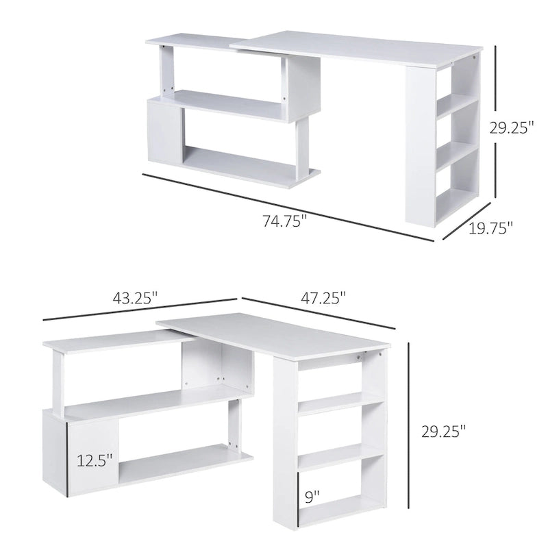 360° Rotating L-Shaped Corner Desk with Storage Shelves – White