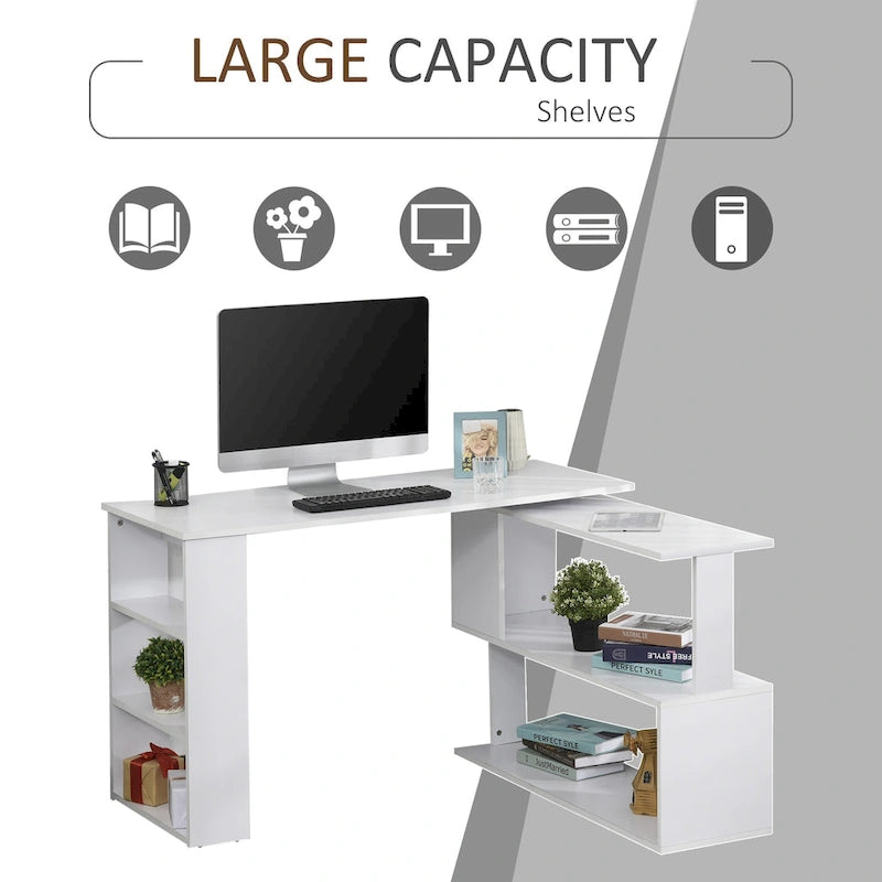360° Rotating L-Shaped Corner Desk with Storage Shelves – White
