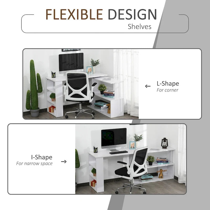 360° Rotating L-Shaped Corner Desk with Storage Shelves – White