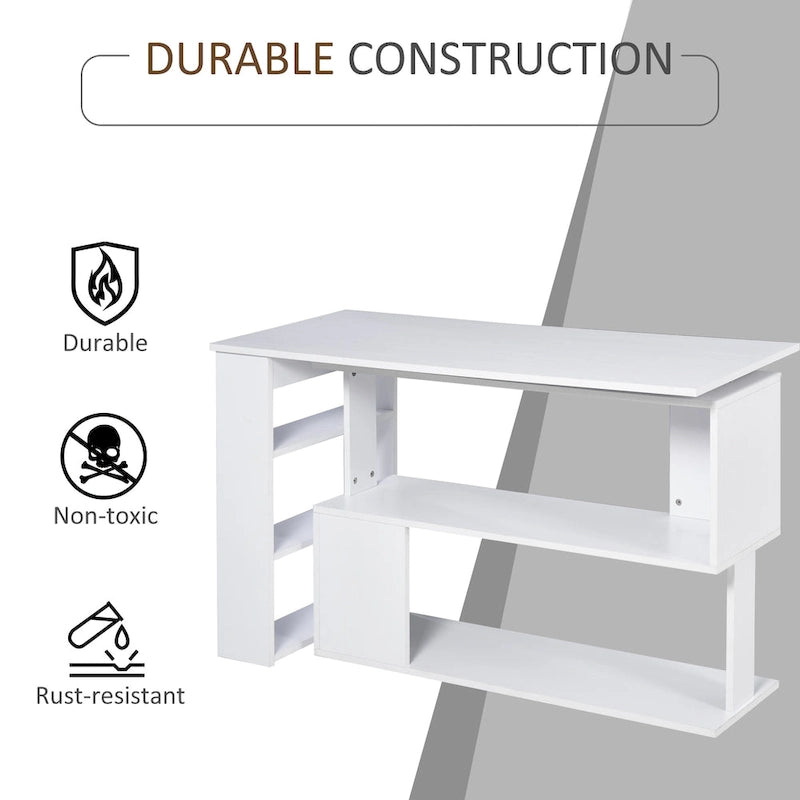 360° Rotating L-Shaped Corner Desk with Storage Shelves – White
