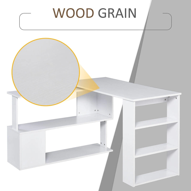360° Rotating L-Shaped Corner Desk with Storage Shelves – White