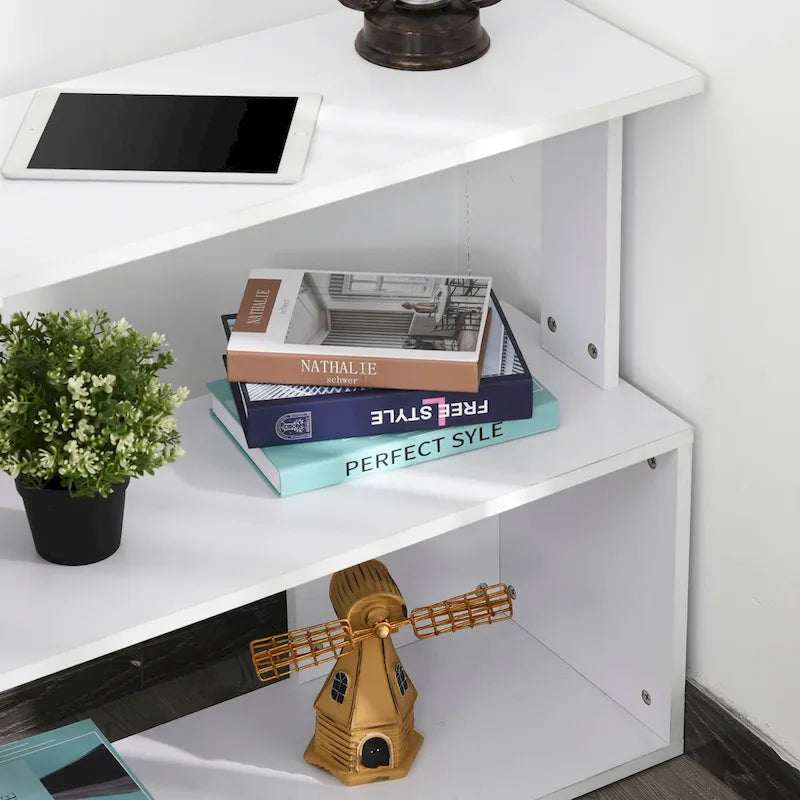 360° Rotating L-Shaped Corner Desk with Storage Shelves – White