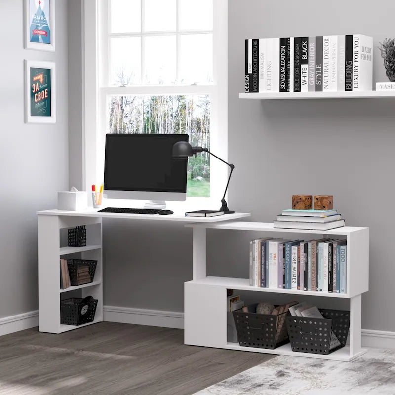 360° Rotating L-Shaped Corner Desk with Storage Shelves – White