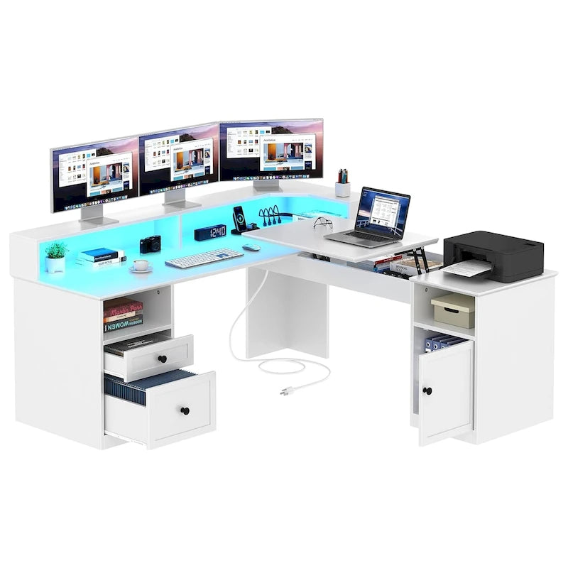 59" L-Shaped Corner Gaming Desk with RGB LED, File Cabinet & Lift Top