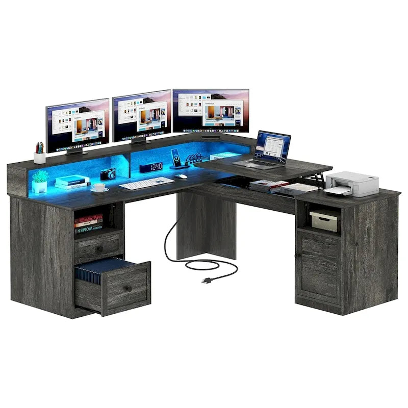 59" L-Shaped Corner Gaming Desk with RGB LED, File Cabinet & Lift Top