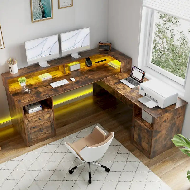59" L-Shaped Corner Gaming Desk with RGB LED, File Cabinet & Lift Top