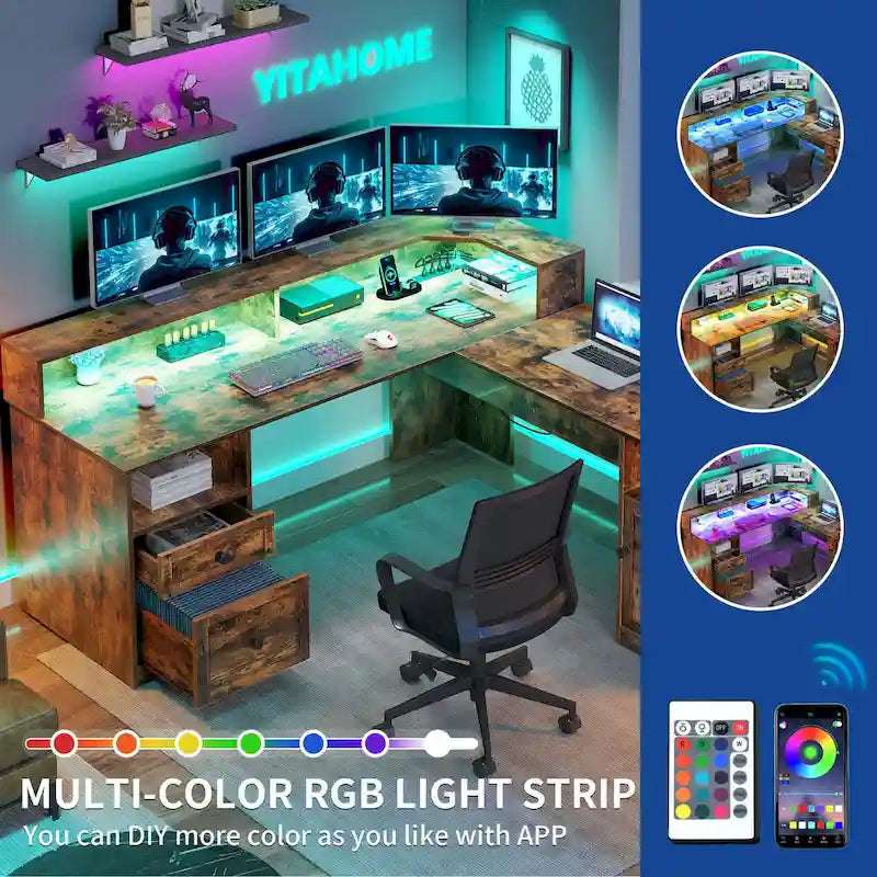 59" L-Shaped Corner Gaming Desk with RGB LED, File Cabinet & Lift Top