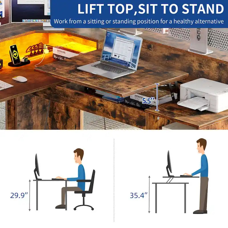 59" L-Shaped Corner Gaming Desk with RGB LED, File Cabinet & Lift Top