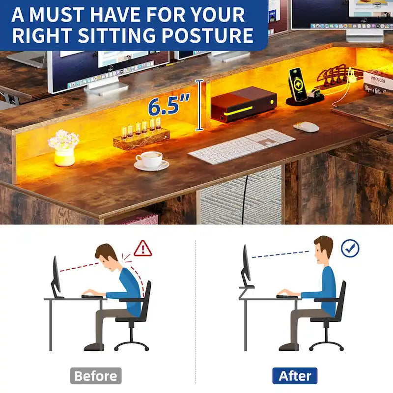59" L-Shaped Corner Gaming Desk with RGB LED, File Cabinet & Lift Top