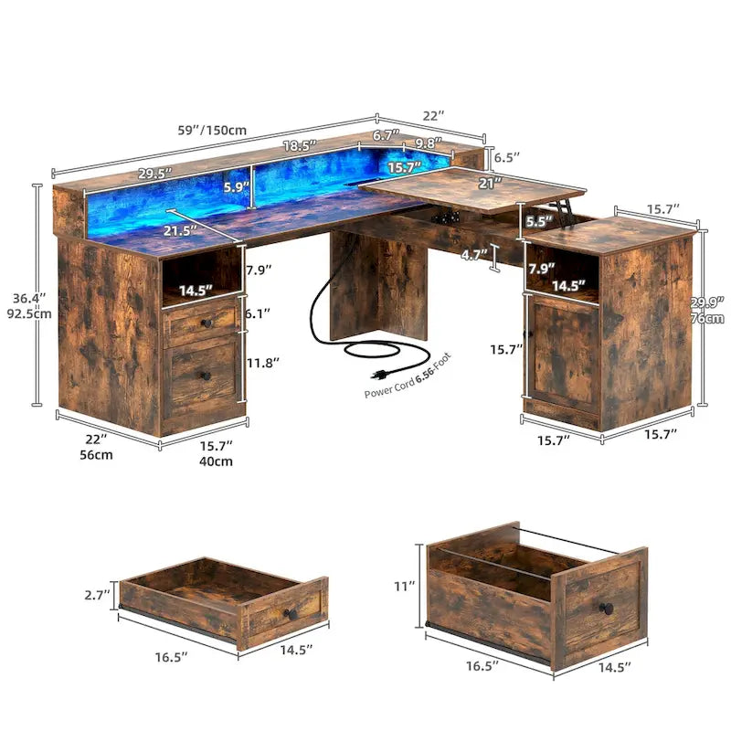 59" L-Shaped Corner Gaming Desk with RGB LED, File Cabinet & Lift Top