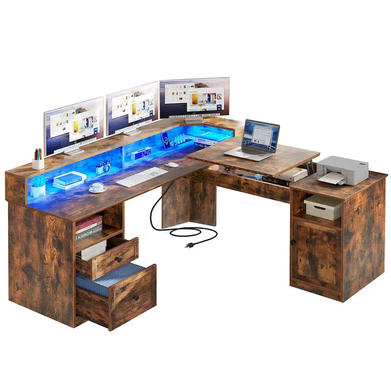 59" L-Shaped Corner Gaming Desk with RGB LED, File Cabinet & Lift Top