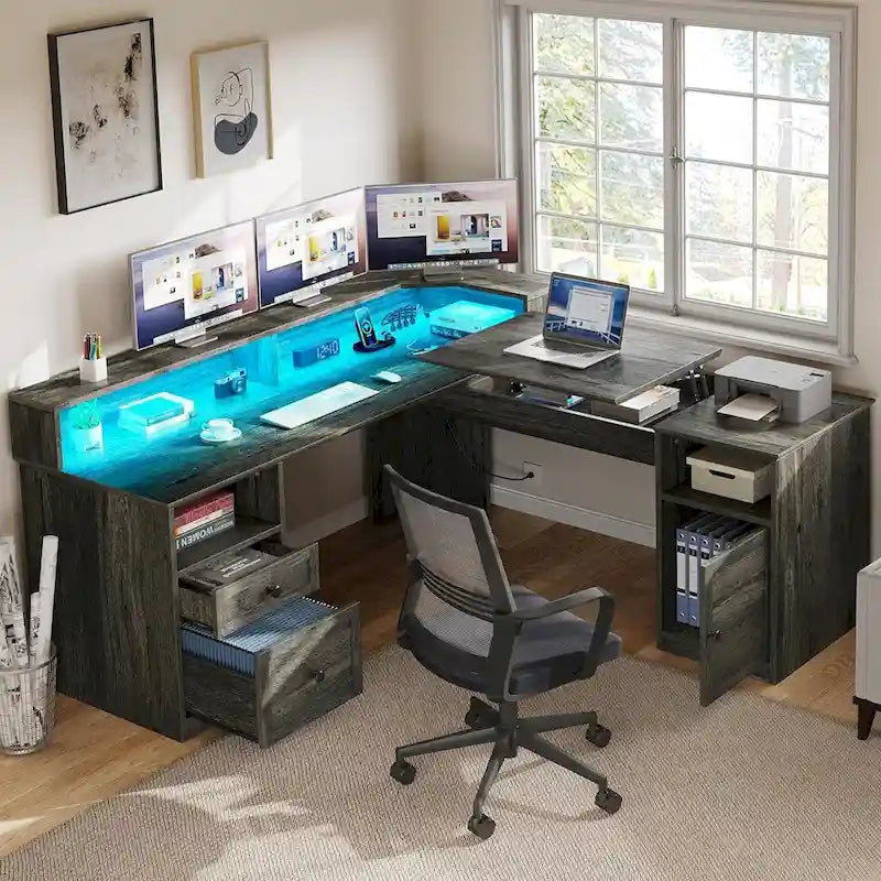 59" L-Shaped Corner Gaming Desk with RGB LED, File Cabinet & Lift Top
