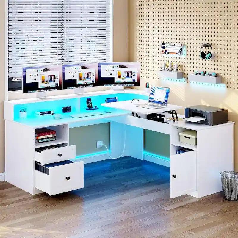 59" L-Shaped Corner Gaming Desk with RGB LED, File Cabinet & Lift Top