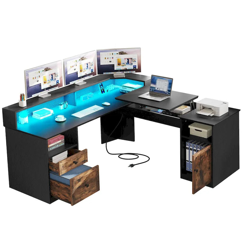 59" L-Shaped Corner Gaming Desk with RGB LED, File Cabinet & Lift Top