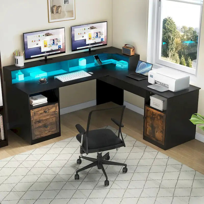 59" L-Shaped Corner Gaming Desk with RGB LED, File Cabinet & Lift Top