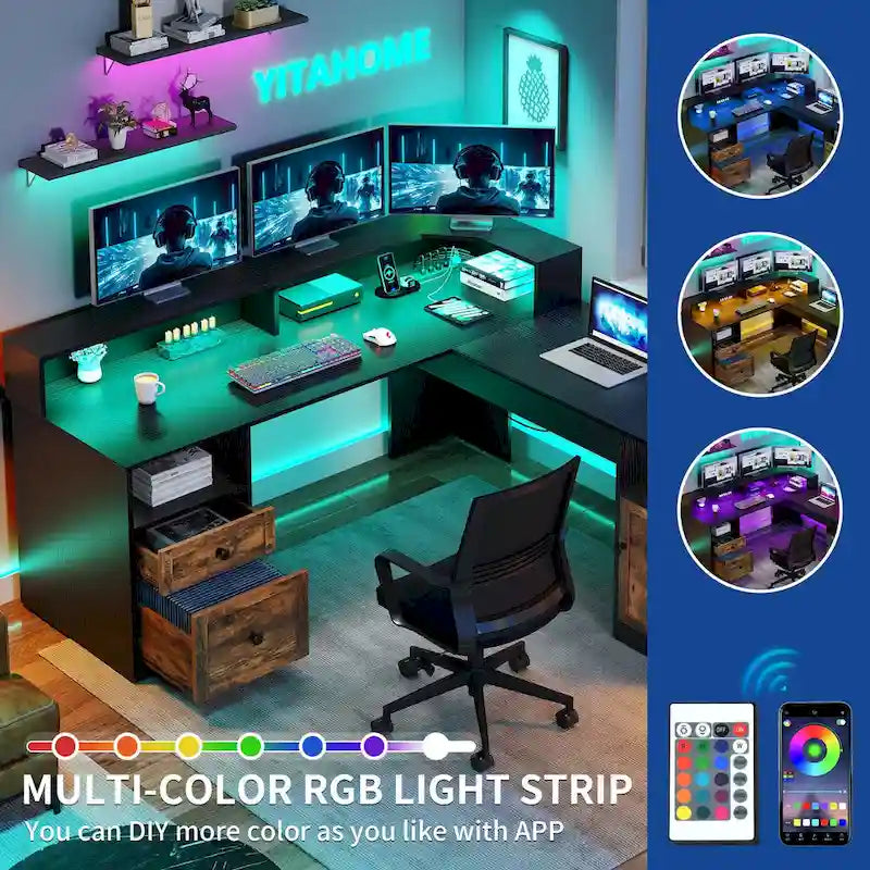 59" L-Shaped Corner Gaming Desk with RGB LED, File Cabinet & Lift Top