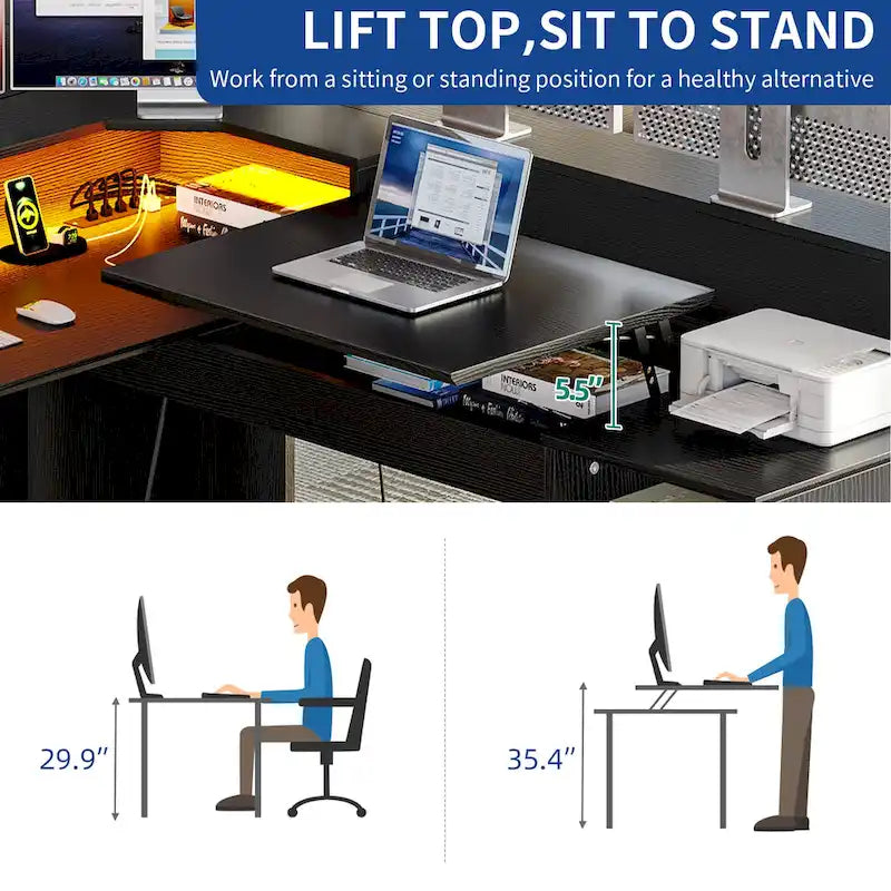 59" L-Shaped Corner Gaming Desk with RGB LED, File Cabinet & Lift Top