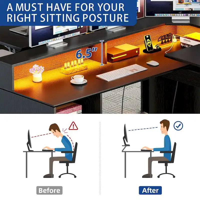 59" L-Shaped Corner Gaming Desk with RGB LED, File Cabinet & Lift Top