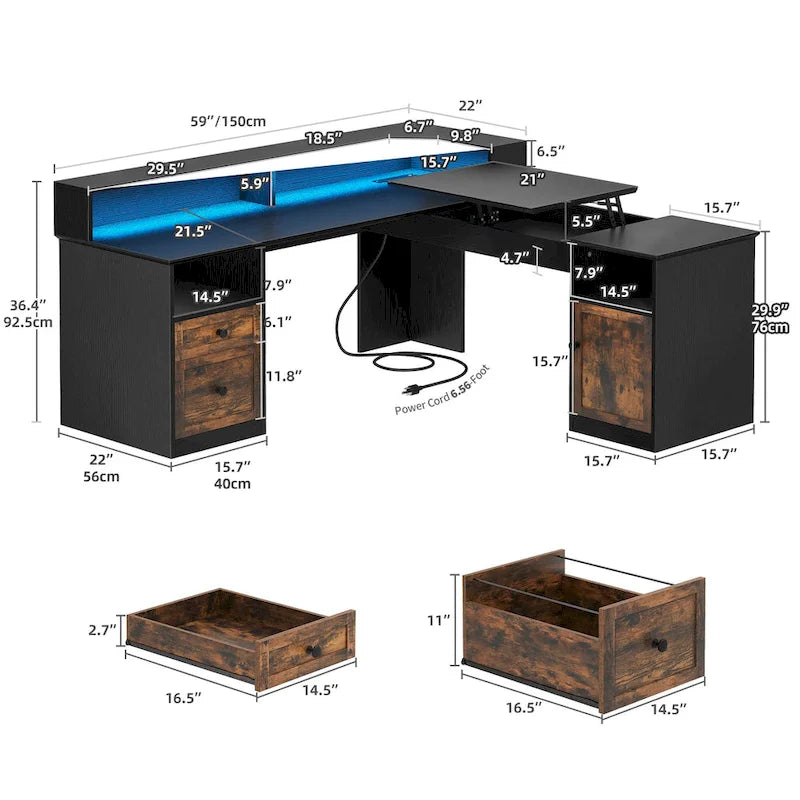 59" L-Shaped Corner Gaming Desk with RGB LED, File Cabinet & Lift Top