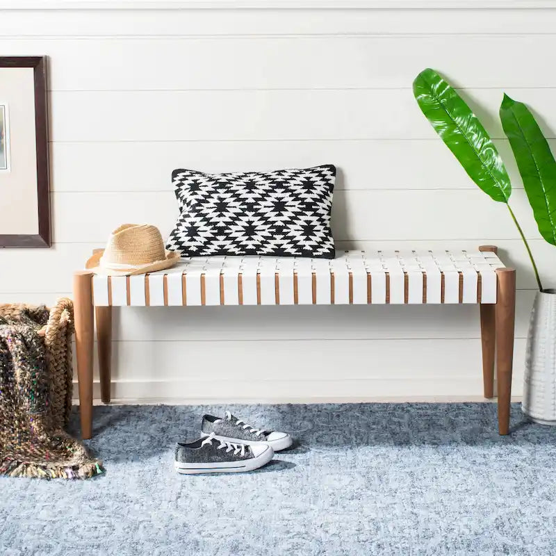 Manervia Woven Leather & Wood Accent Bench – 47W x 16D x 18H