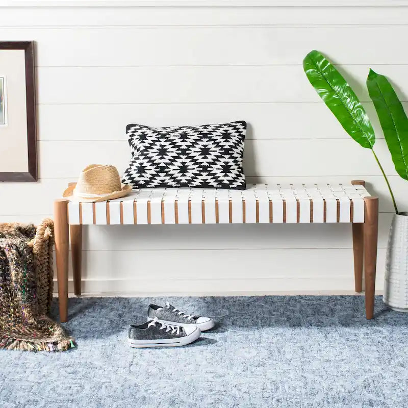 Manervia Woven Leather & Wood Accent Bench – 47W x 16D x 18H