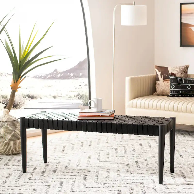 Manervia Woven Leather & Wood Accent Bench – 47W x 16D x 18H