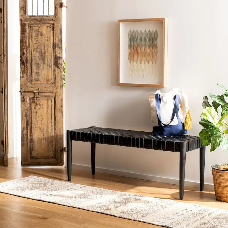 Manervia Woven Leather & Wood Accent Bench – 47W x 16D x 18H