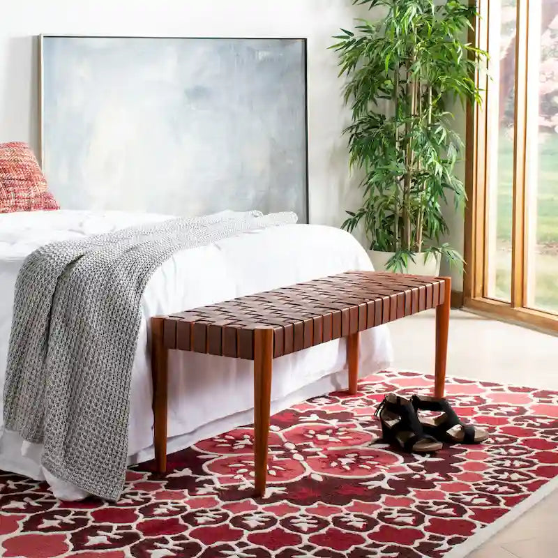 Manervia Woven Leather & Wood Accent Bench – 47W x 16D x 18H